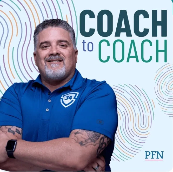Man in a blue shirt with '34' logo against a colorful background with 'Coach to Coach' text.