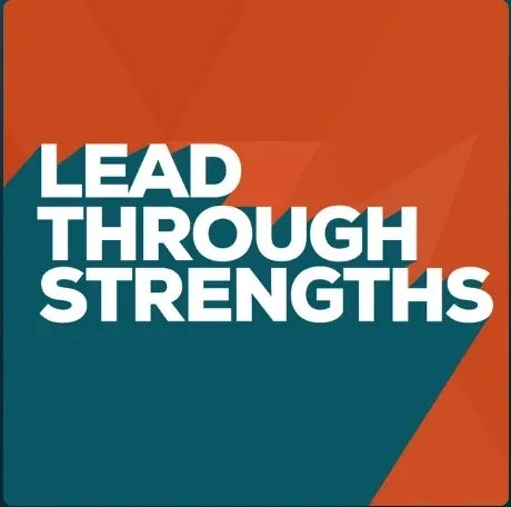 Text 'Lead Through Strengths' on a geometric background