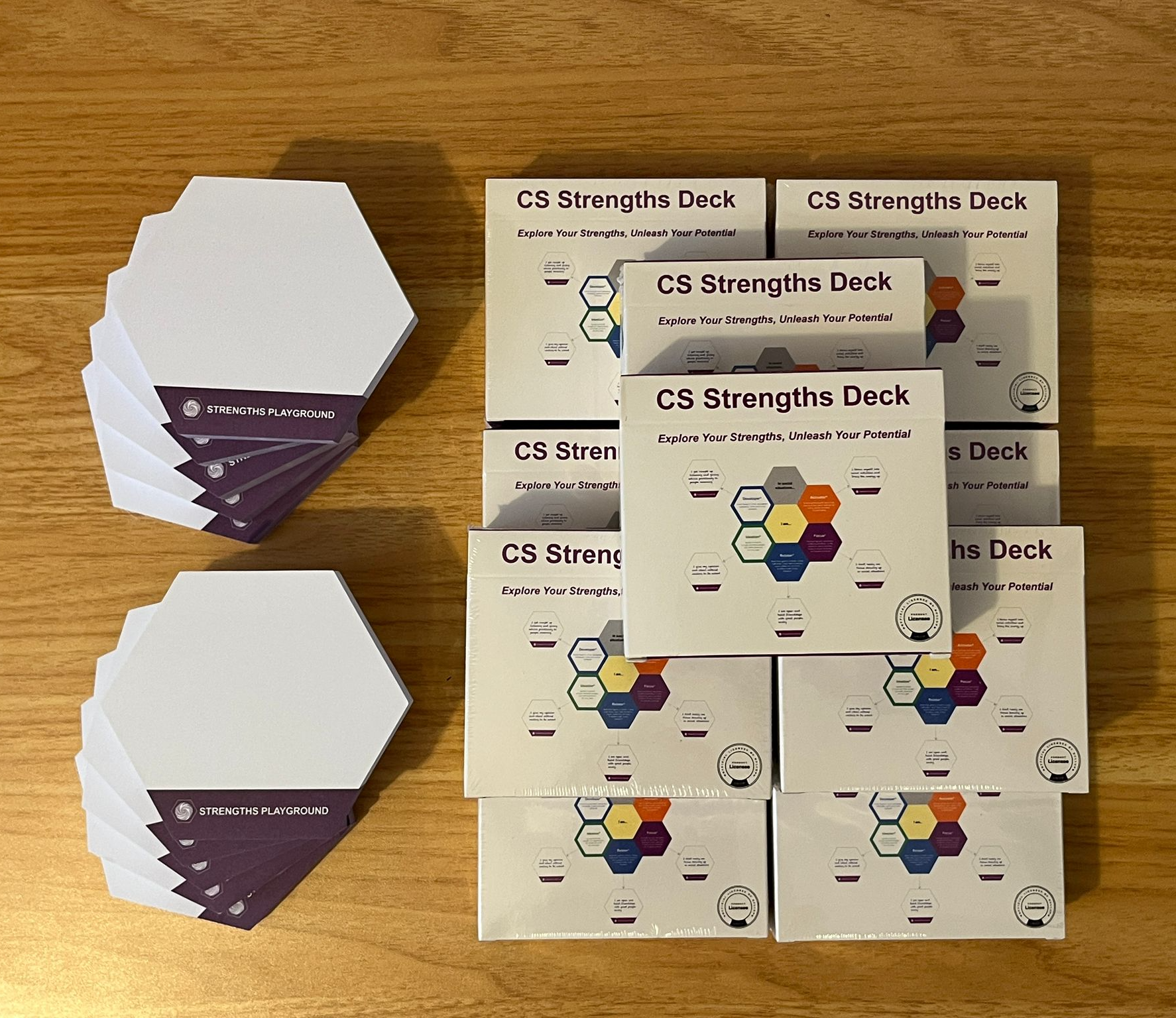 CS Strengths Deck cards on a wooden surface