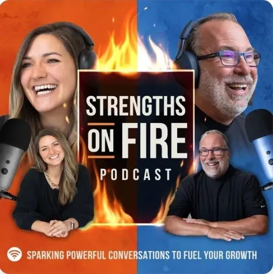 Promotional graphic for 'Strengths on Fire Podcast' with four people and a fiery design.