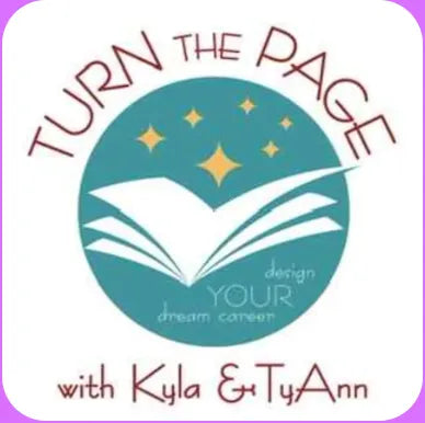 Logo with 'Turn the Page' text and an open book illustration on a purple background
