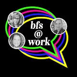 Logo with colorful speech bubble and 'bfs @ work' text on a black background