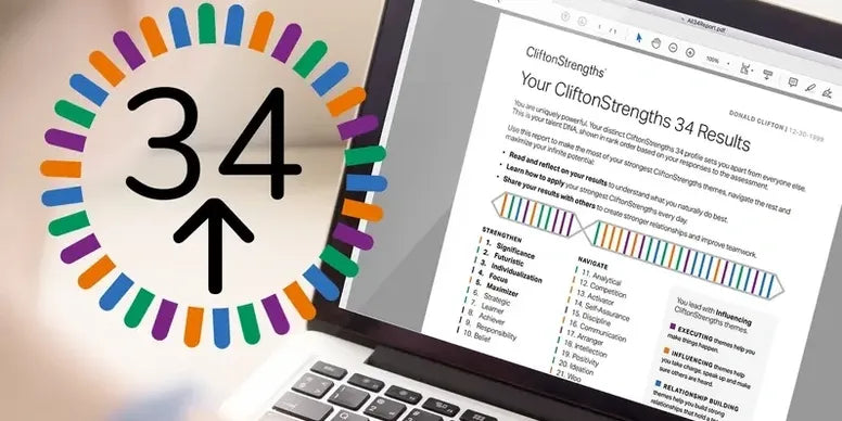 Laptop displaying CliftonStrengths results with colorful icon and number '34'.