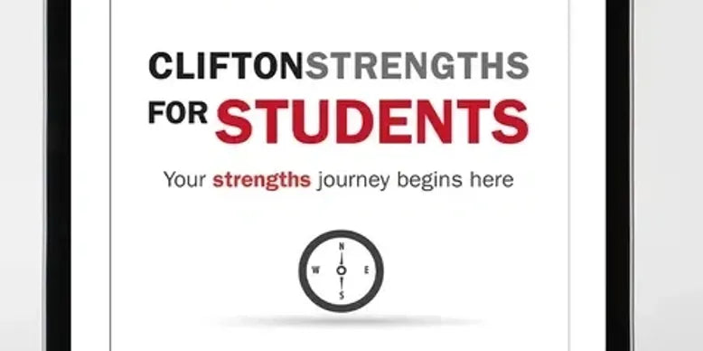 Promotional graphic for CliftonStrengths for Students with a red and black design.