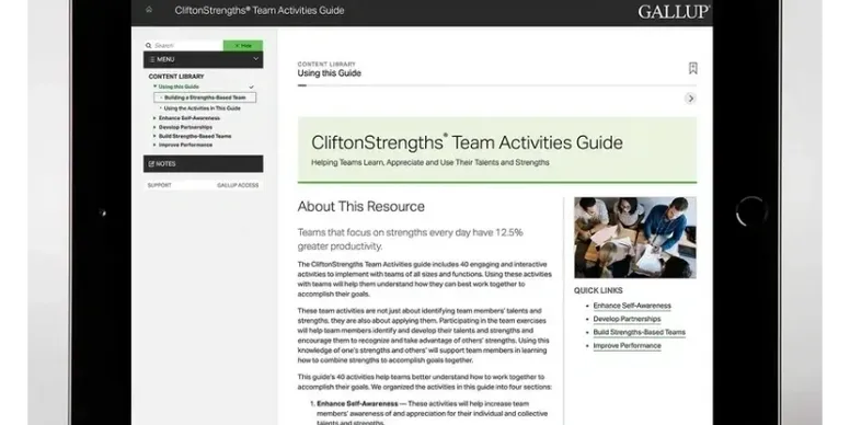Screen of a CliftonStrengths Team Activities Guide on a tablet device.