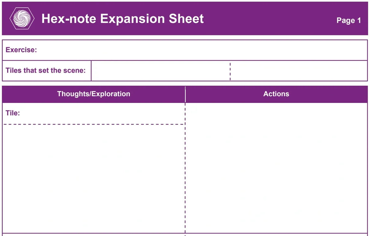 Hex-note Expansion Sheet with purple header and white background