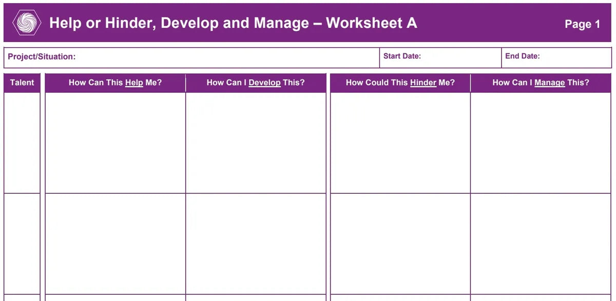 Worksheet titled 'Help or Hinder, Develop and Manage' with columns for project/situation, start date, end date, talent, and development management strategies.