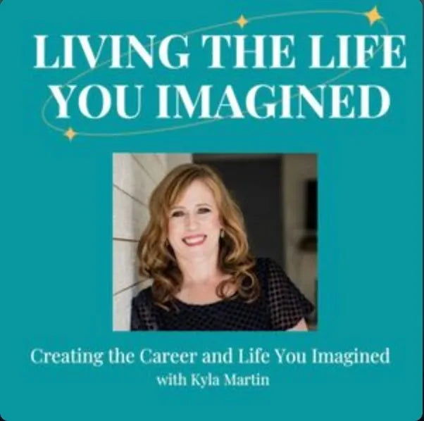 Book cover with a woman's portrait and text about career and life imagined by Kyla Martin on a teal background.